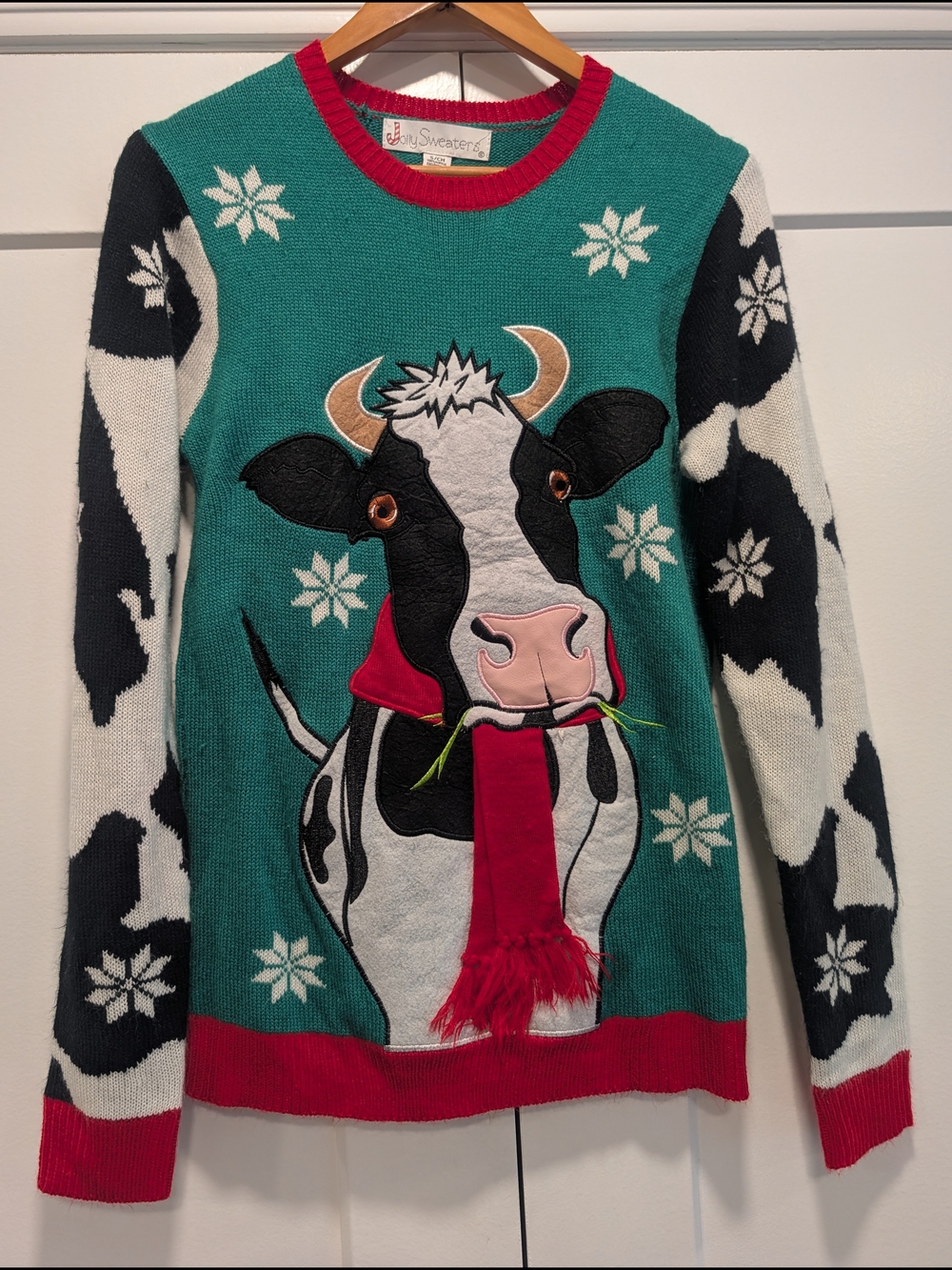 JOLLY SWEATERS Teal Cow Graphic Holiday Sweater with Red Accents Size Small